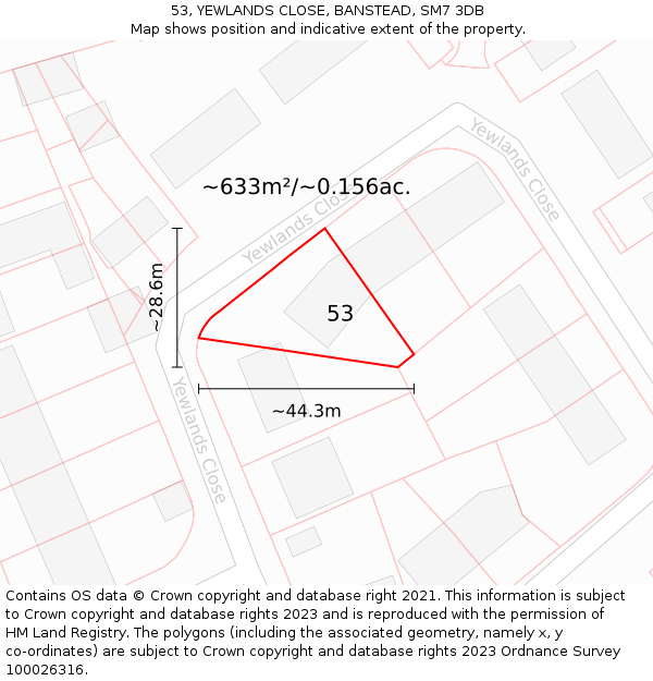 53, YEWLANDS CLOSE, BANSTEAD, SM7 3DB: Plot and title map