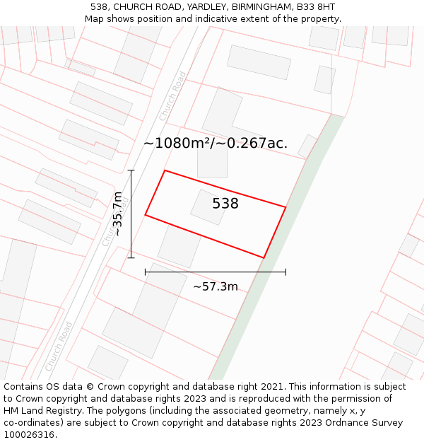 538, CHURCH ROAD, YARDLEY, BIRMINGHAM, B33 8HT: Plot and title map