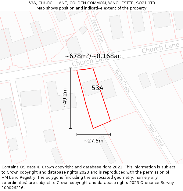 53A, CHURCH LANE, COLDEN COMMON, WINCHESTER, SO21 1TR: Plot and title map