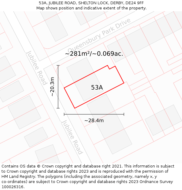 53A, JUBILEE ROAD, SHELTON LOCK, DERBY, DE24 9FF: Plot and title map