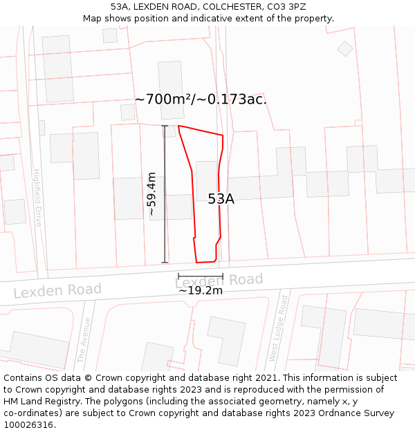 53A, LEXDEN ROAD, COLCHESTER, CO3 3PZ: Plot and title map