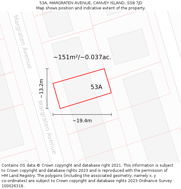 53A, MARGRATEN AVENUE, CANVEY ISLAND, SS8 7JD: Plot and title map