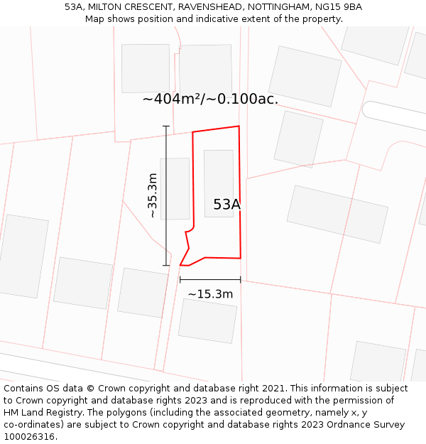 53A, MILTON CRESCENT, RAVENSHEAD, NOTTINGHAM, NG15 9BA: Plot and title map