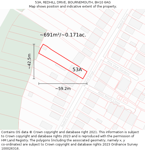 53A, REDHILL DRIVE, BOURNEMOUTH, BH10 6AG: Plot and title map