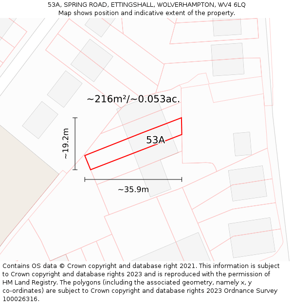 53A, SPRING ROAD, ETTINGSHALL, WOLVERHAMPTON, WV4 6LQ: Plot and title map