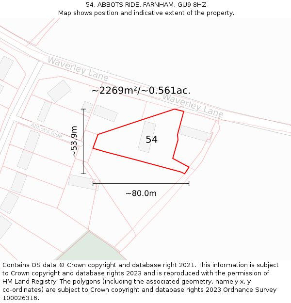 54, ABBOTS RIDE, FARNHAM, GU9 8HZ: Plot and title map