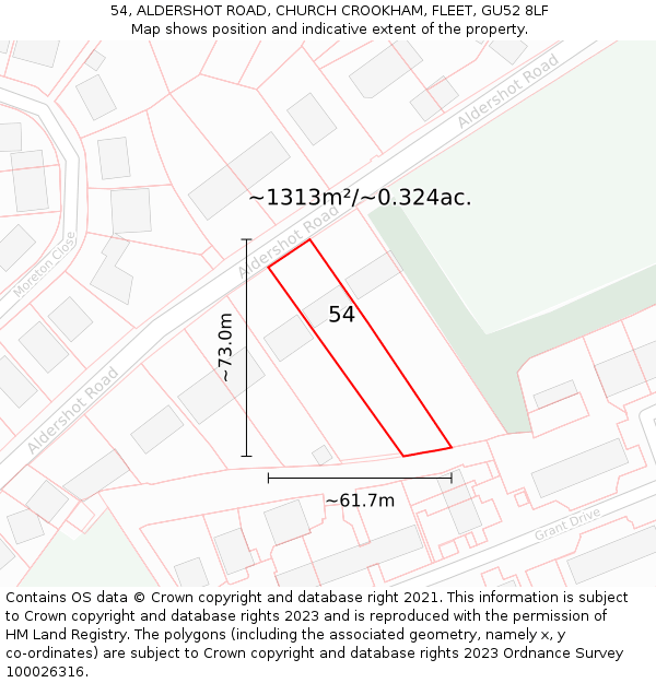 54, ALDERSHOT ROAD, CHURCH CROOKHAM, FLEET, GU52 8LF: Plot and title map