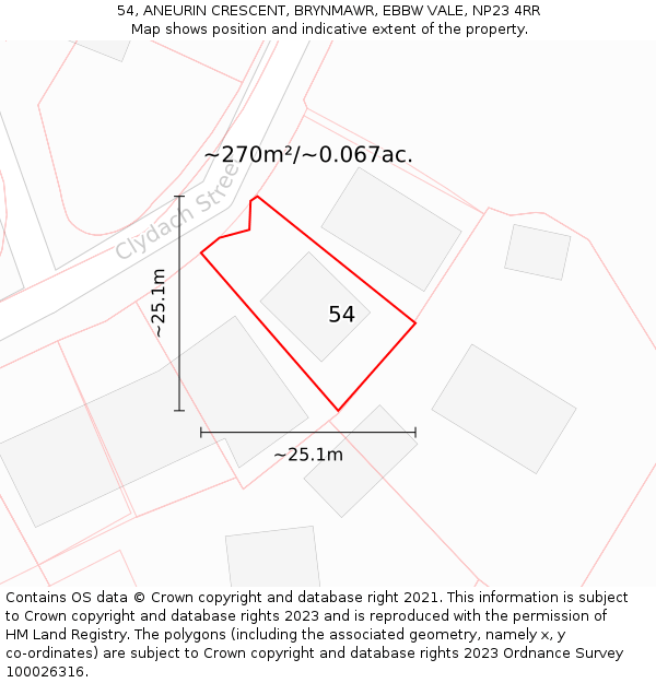 54, ANEURIN CRESCENT, BRYNMAWR, EBBW VALE, NP23 4RR: Plot and title map