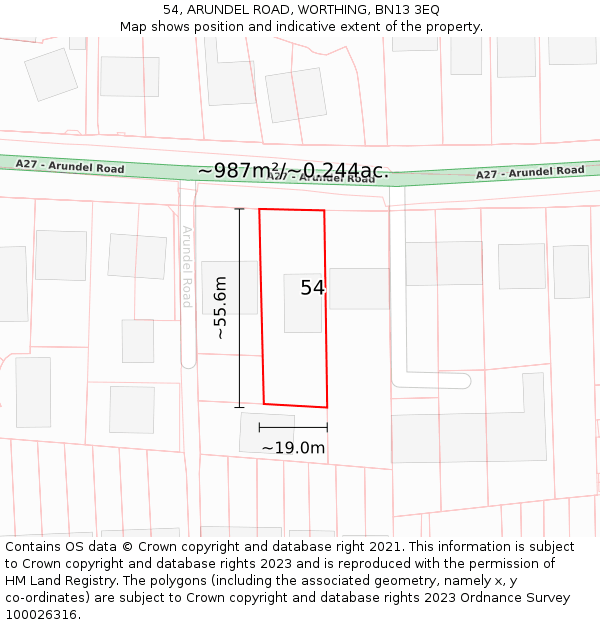 54, ARUNDEL ROAD, WORTHING, BN13 3EQ: Plot and title map