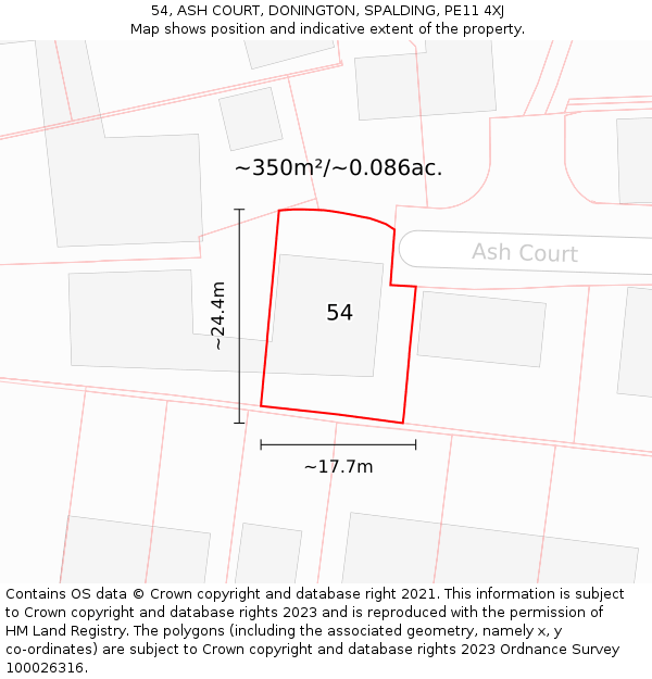 54, ASH COURT, DONINGTON, SPALDING, PE11 4XJ: Plot and title map