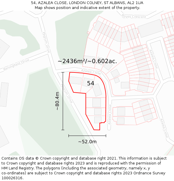 54, AZALEA CLOSE, LONDON COLNEY, ST ALBANS, AL2 1UA: Plot and title map
