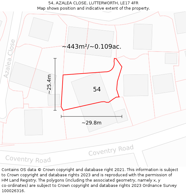 54, AZALEA CLOSE, LUTTERWORTH, LE17 4FR: Plot and title map