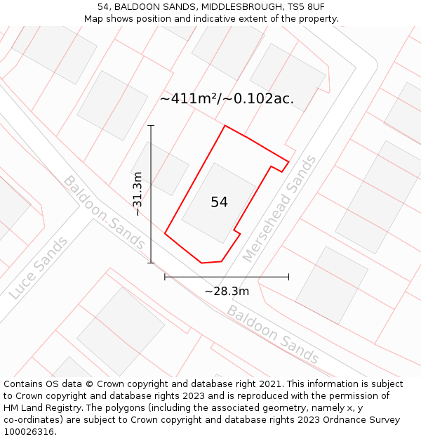54, BALDOON SANDS, MIDDLESBROUGH, TS5 8UF: Plot and title map