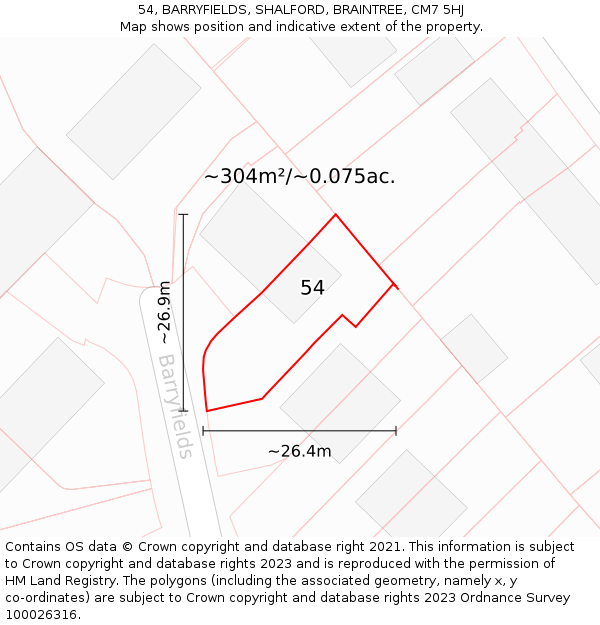 54, BARRYFIELDS, SHALFORD, BRAINTREE, CM7 5HJ: Plot and title map