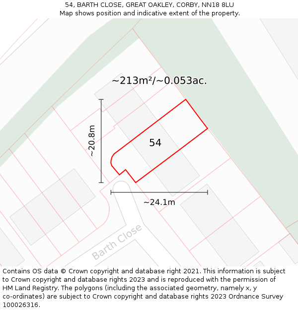 54, BARTH CLOSE, GREAT OAKLEY, CORBY, NN18 8LU: Plot and title map