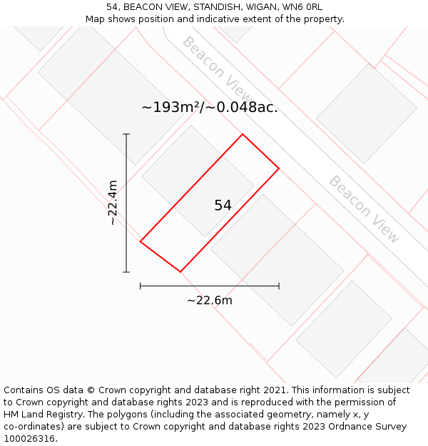 54, BEACON VIEW, STANDISH, WIGAN, WN6 0RL: Plot and title map