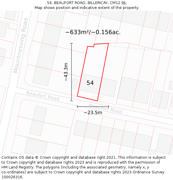 54, BEAUFORT ROAD, BILLERICAY, CM12 9JL: Plot and title map