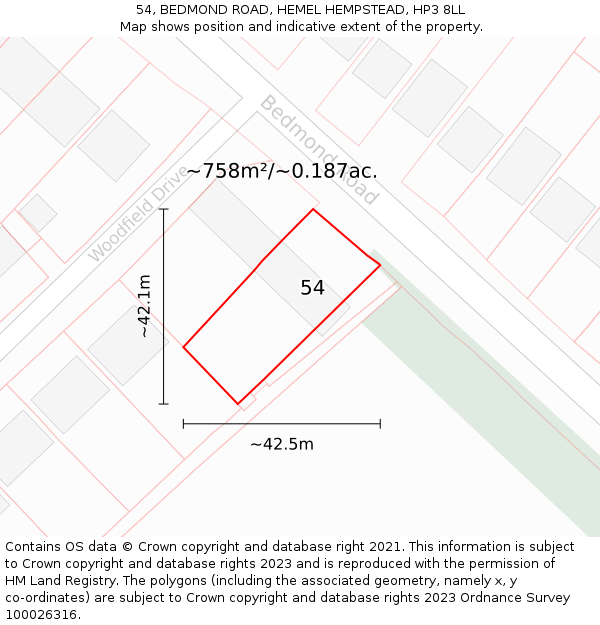 54, BEDMOND ROAD, HEMEL HEMPSTEAD, HP3 8LL: Plot and title map