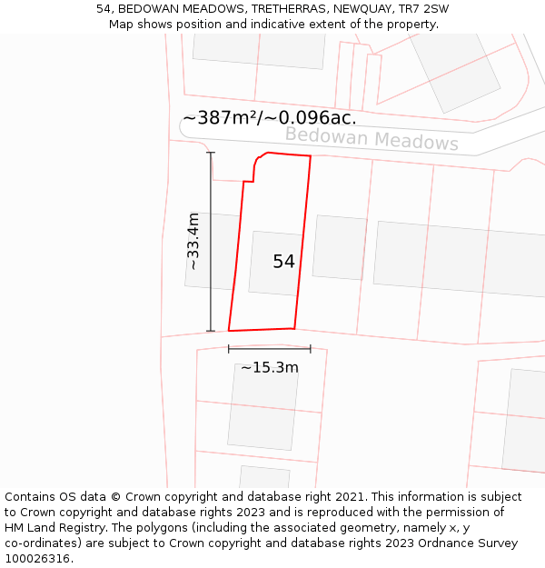 54, BEDOWAN MEADOWS, TRETHERRAS, NEWQUAY, TR7 2SW: Plot and title map