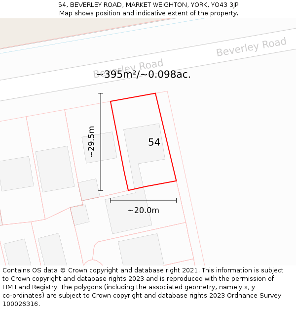 54, BEVERLEY ROAD, MARKET WEIGHTON, YORK, YO43 3JP: Plot and title map
