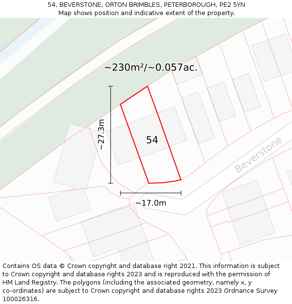 54, BEVERSTONE, ORTON BRIMBLES, PETERBOROUGH, PE2 5YN: Plot and title map