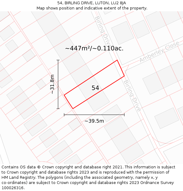 54, BIRLING DRIVE, LUTON, LU2 8JA: Plot and title map