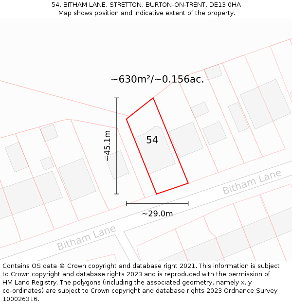 54, BITHAM LANE, STRETTON, BURTON-ON-TRENT, DE13 0HA: Plot and title map