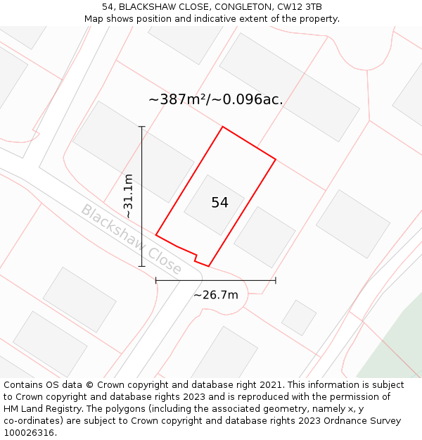 54, BLACKSHAW CLOSE, CONGLETON, CW12 3TB: Plot and title map