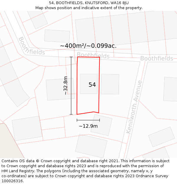 54, BOOTHFIELDS, KNUTSFORD, WA16 8JU: Plot and title map