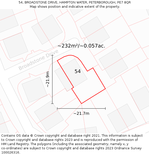54, BROADSTONE DRIVE, HAMPTON WATER, PETERBOROUGH, PE7 8QR: Plot and title map
