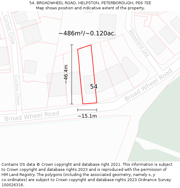 54, BROADWHEEL ROAD, HELPSTON, PETERBOROUGH, PE6 7EE: Plot and title map