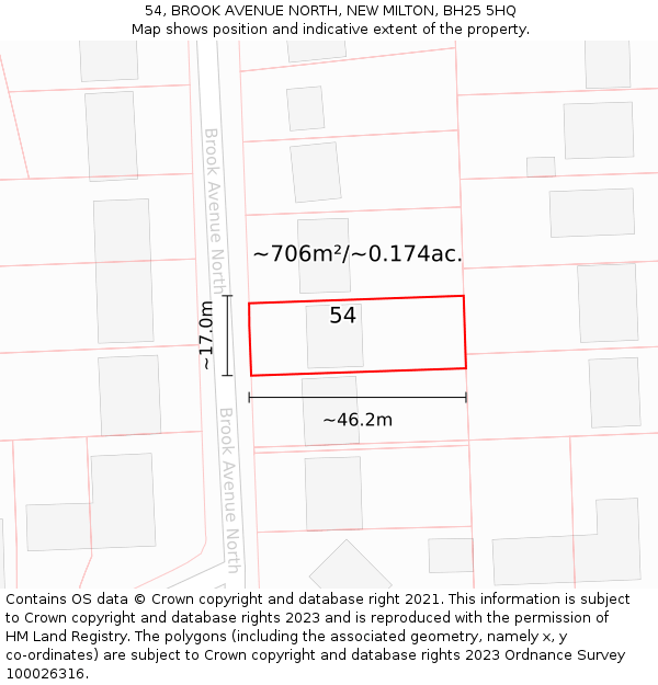 54, BROOK AVENUE NORTH, NEW MILTON, BH25 5HQ: Plot and title map