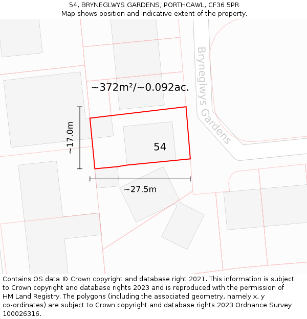 54, BRYNEGLWYS GARDENS, PORTHCAWL, CF36 5PR: Plot and title map