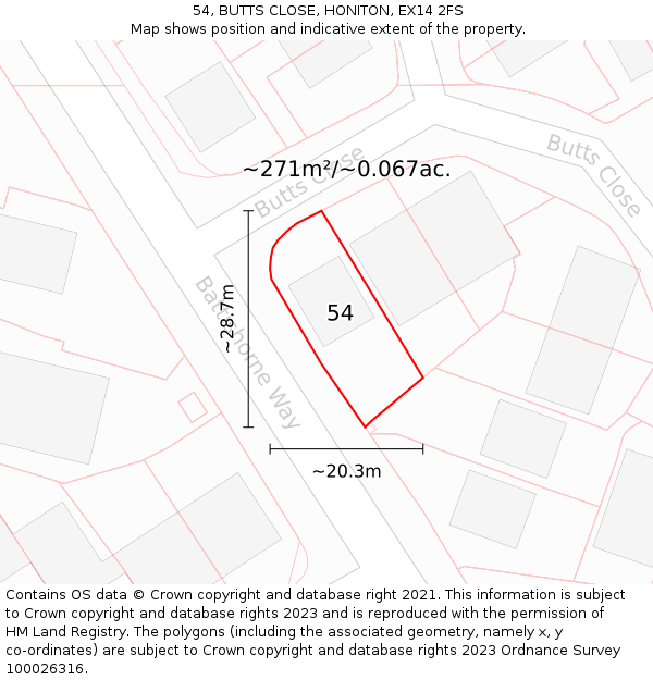 54, BUTTS CLOSE, HONITON, EX14 2FS: Plot and title map
