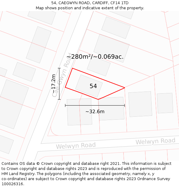 54, CAEGWYN ROAD, CARDIFF, CF14 1TD: Plot and title map