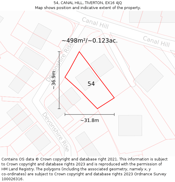 54, CANAL HILL, TIVERTON, EX16 4JQ: Plot and title map