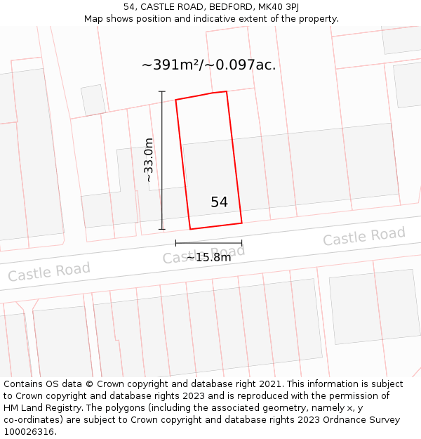 54, CASTLE ROAD, BEDFORD, MK40 3PJ: Plot and title map