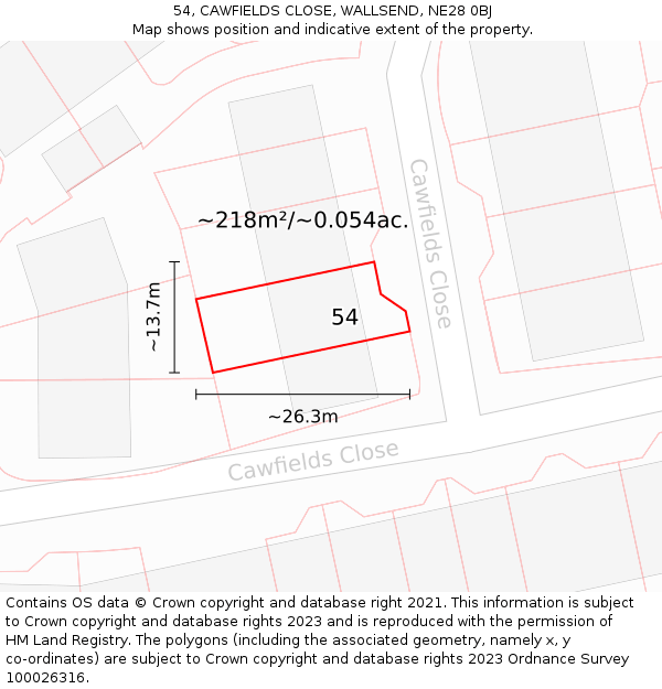 54, CAWFIELDS CLOSE, WALLSEND, NE28 0BJ: Plot and title map