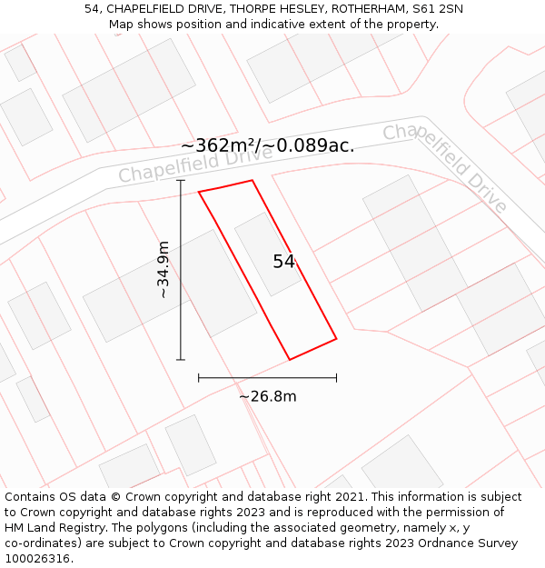 54, CHAPELFIELD DRIVE, THORPE HESLEY, ROTHERHAM, S61 2SN: Plot and title map