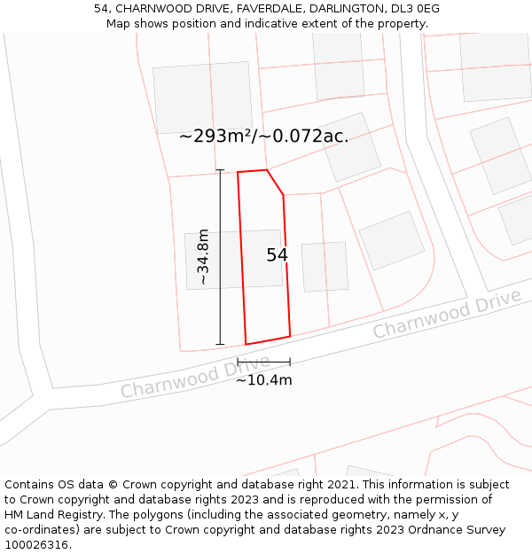 54, CHARNWOOD DRIVE, FAVERDALE, DARLINGTON, DL3 0EG: Plot and title map