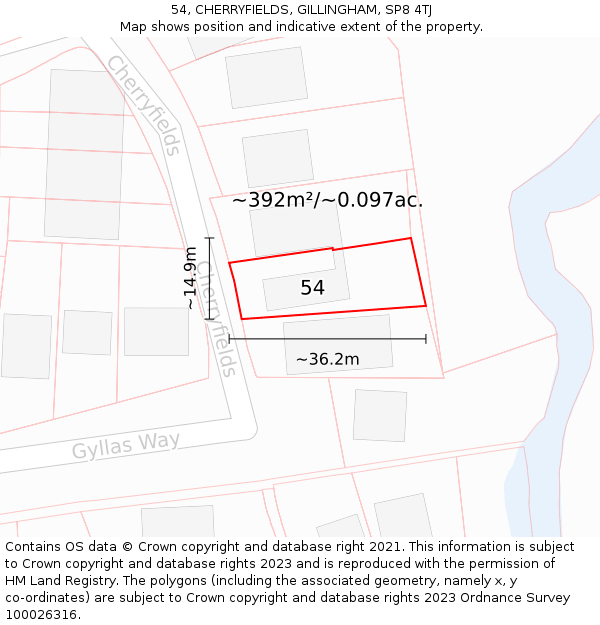 54, CHERRYFIELDS, GILLINGHAM, SP8 4TJ: Plot and title map