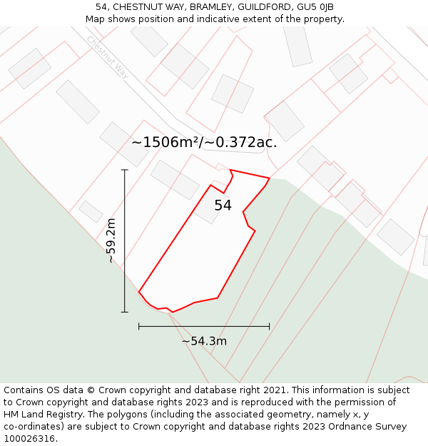 54, CHESTNUT WAY, BRAMLEY, GUILDFORD, GU5 0JB: Plot and title map