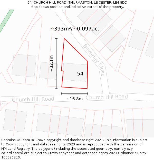 54, CHURCH HILL ROAD, THURMASTON, LEICESTER, LE4 8DD: Plot and title map
