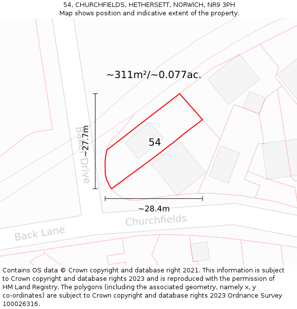 54, CHURCHFIELDS, HETHERSETT, NORWICH, NR9 3PH: Plot and title map