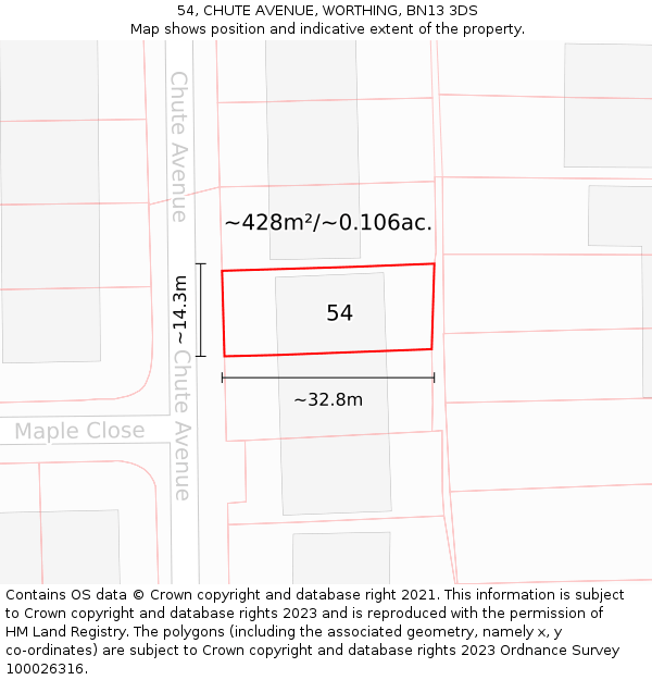 54, CHUTE AVENUE, WORTHING, BN13 3DS: Plot and title map