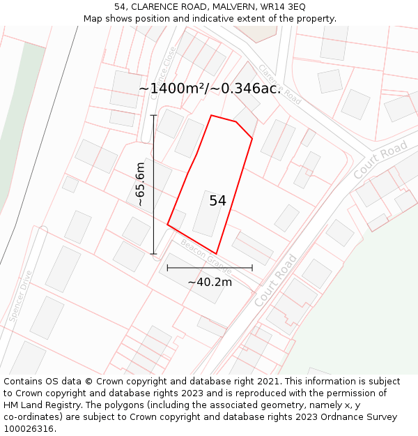 54, CLARENCE ROAD, MALVERN, WR14 3EQ: Plot and title map