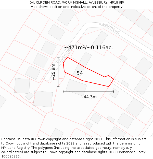 54, CLIFDEN ROAD, WORMINGHALL, AYLESBURY, HP18 9JP: Plot and title map