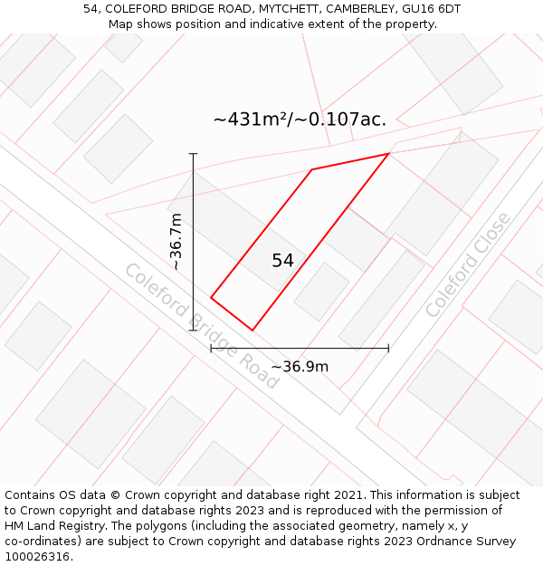 54, COLEFORD BRIDGE ROAD, MYTCHETT, CAMBERLEY, GU16 6DT: Plot and title map