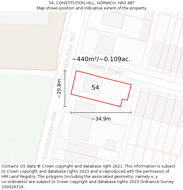 54, CONSTITUTION HILL, NORWICH, NR3 4BT: Plot and title map