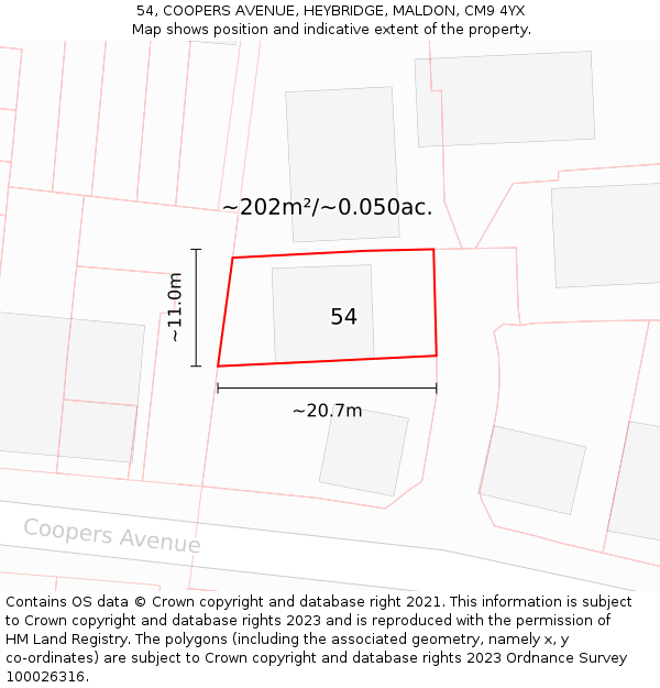 54, COOPERS AVENUE, HEYBRIDGE, MALDON, CM9 4YX: Plot and title map